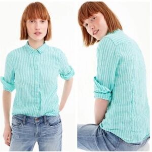 J. Crew x Baird McNutt Irish Linen Striped Perfect Button Shirt 8 aqua green